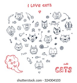 Cats Vector Set in Heart shaped. Cats faces icons. Hand Drawn Doodles Cats and accessories for pets. 