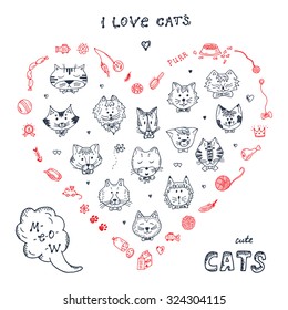 Cats Vector Set in Heart shaped. Cats faces icons. Hand Drawn Doodles Cats and accessories for pets. 