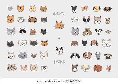 Cats vs dogs faces cartoon doodle vector color illustrations set.