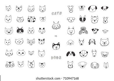 Cats vs dogs faces cartoon doodle vector line illustrations set.