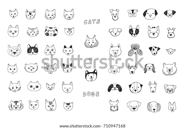 Cats Vs Dogs Faces Cartoon Doodle Stock Vector (Royalty Free) 710947168 ...