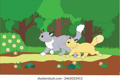 cats walk along a path in the forest