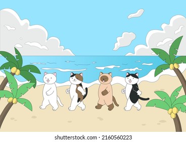 Cats walking on a tropical beach.
