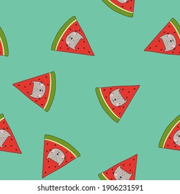 Cats in watermelon vector seamless pattern. Funny children's pattern on green background. Cartoon vector background . For the design of textiles, fabric, wallpaper, wrapping paper.
