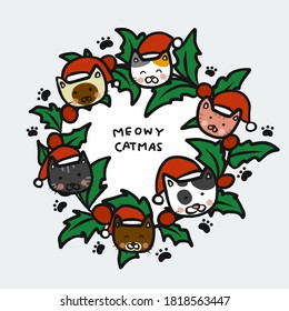 Cats wear Santa hat stay in Christmas wreath with word Meowy Catmas cartoon vector illustration