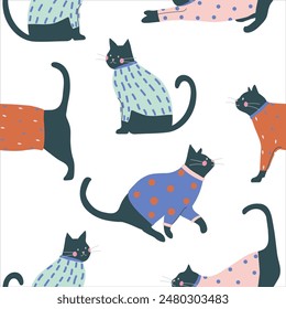 cats wearing long sleeve  t shirts  seamless pattern , vector illustration 