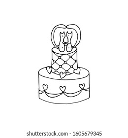 Cats wedding. Just married. Accessories of the bride and groom, wedding gifts. Toast to us. Wedding cake and wedding car. Lovely cats. Cute hand drawn stock vector illustration in doodle style.  