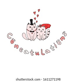 Cats wedding. Just married. Accessories of the bride and groom, wedding gifts. Lovely cats in monochrome pink color palette. Cute hand drawn stock vector illustration in doodle style. Isolated vector.