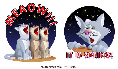 Cats welcoming spring . Cartoon styled vector illustration. Elements is grouped and divided into layers.