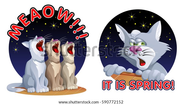 Cats welcoming spring .\
Cartoon styled vector illustration. Elements is grouped and divided\
into layers.