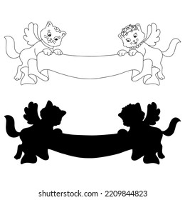 Cats with wings are holding a ribbon. Black silhouette. Valentine's Day. Design element. Vector illustration isolated on white background. Template for books, stickers, posters, cards, clothes.