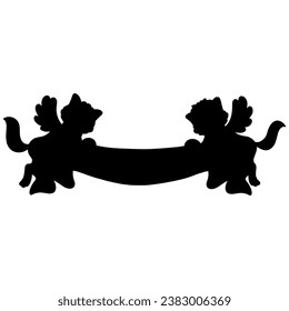 Cats with wings are holding a ribbon. Black silhouette. Design element. Vector illustration isolated on white background. Template for books, stickers, posters, cards, clothes.