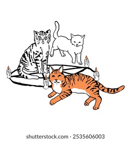 Cats in Witchcraft Ritual Illustration Halloween Occult Feline Clipart