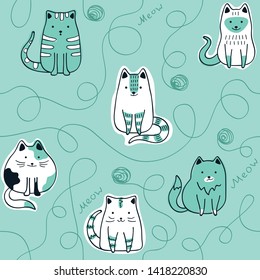 Cats and wool balls - Seamless pattern. Vector background for fabric, textile, wallpaper, posters, gift wrapping paper, napkins, tablecloths, pajamas. Print for kids, baby, children