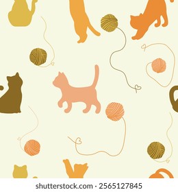 cats with wool yarns seamless pattern , vector , illustration