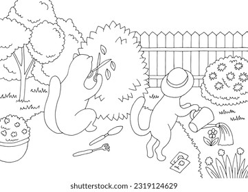 Cats work in the garden graphic black white landscape sketch illustration vector