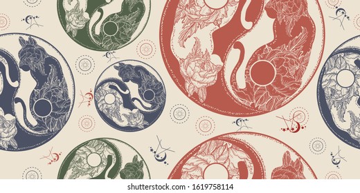 Cats yin and yang. Seamless pattern. Packing old paper, scrapbooking style. Vintage background. Medieval manuscript, engraving art. Mandala symbol harmony and balance 