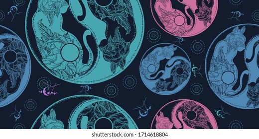 Katzen Yin und Yang.Nahtloses Muster. Verpacken von Altpapier, Scrapbooking-Stil.Vintage-Hintergrund. Mittelalterliches Manuskript, Gravur Kunst. Mandala Symbol Harmonie und Gleichgewicht