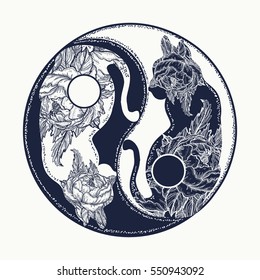 Cats yin and yang tattoo. Boho mandala symbol harmony and balance.  Silhouettes floral cats,  yin and yang for coloring book. 