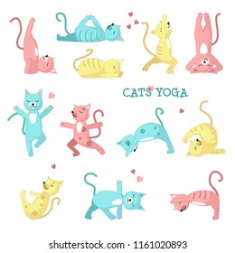 Cats yoga icon set. Cute color cats doing yoga poses. Vector illustration isolated on white background.