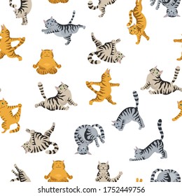 Cats yoga seamless pattern. Different yoga poses and exercises. Striped and tabby cat colors. Vector illustration