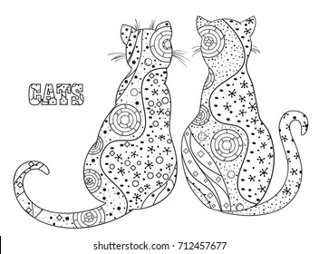 Cats. Zentangle. Hand drawn cat with abstract patterns on isolation background. Design for spiritual relaxation for adults. Black and white illustration for coloring. Outline for t-shirts