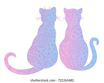 Cats. Zentangle. Hand drawn cat with abstract patterns on isolation background. Design for spiritual relaxation for adults. Outline for t-shirts. Print for polygraphy, posters and textiles