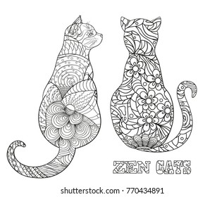 Cats. Zentangle. Hand drawn cat with abstract patterns on isolation background. Design for spiritual relaxation for adults. Outline for t-shirts. Print for polygraphy, posters and textiles