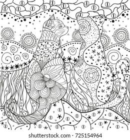 Cats. Zentangle. Hand drawn mandala with abstract patterns on isolation background. Design for spiritual relaxation for adults. Black and white illustration for coloring. Zen cat. Outline for t-shirts