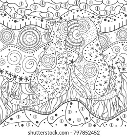 Cats. Zentangle. Hand drawn mandala with abstract patterns on isolation background. Design for spiritual relaxation for adults. Black and white illustration for coloring. Zen cat. Outline for t-shirts