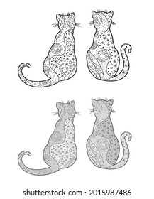 Cats. Zentangle. Hand drawn zen animals with abstract patterns on isolated background. Different color options. Black and white illustration