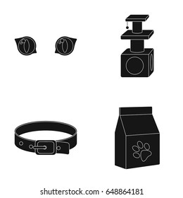 Cat's-eye, cat lodge, collar, package with food.Cat set collection icons in black style vector symbol stock illustration web.