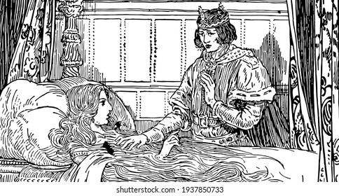 Cat-Skin, this scene shows one female sleeping on bed and another female standing near her,  vintage line drawing or engraving illustration