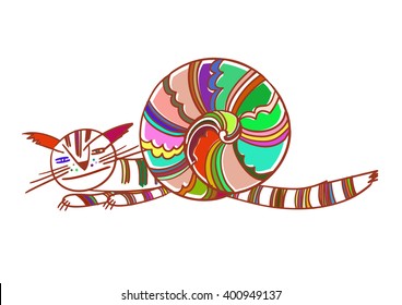 Cat-snail/ fantastic animals color coloring/ Unrealistic pet  /lovely illustration / cat / darling cat/illustration cat / nice cat / illustration beautiful cat / symbol cat/cat of design/cat vector