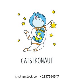 Catstronaut. Doodle vector illustration of a funny cat astronaut in space. Vector 10 EPS.