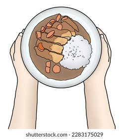 Catsu curry on a plate held by a hand