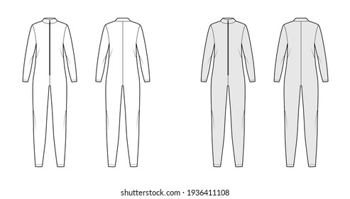 Catsuit Dungaree overall technical fashion illustration with full length, zipper closure, oversized body, long sleeves. Flat apparel front back, white, grey color style. Women, men unisex CAD mockup