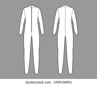 Catsuit Dungaree overall technical fashion illustration with full length, zipper closure, oversized body, long sleeves. Flat apparel garment front back, white color style. Women, men unisex CAD mockup