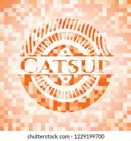 Catsup orange tile background illustration. Square geometric mosaic seamless pattern with emblem inside.