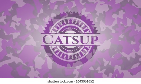 Catsup pink and purple written on a camouflage texture. Vector Illustration. Detailed.