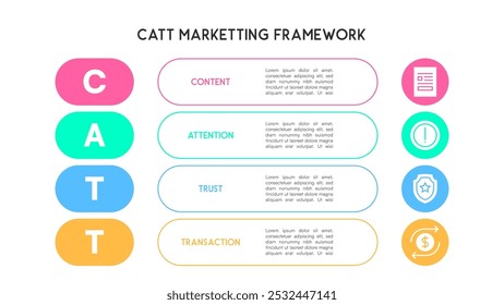 CATT Marketing Framework Flat Design with Colorful Icons and Horizontal Sections Vector Illustration