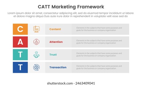 catt marketing framework infographic 4 point stage template with long box rectangle box stack for slide presentation vector