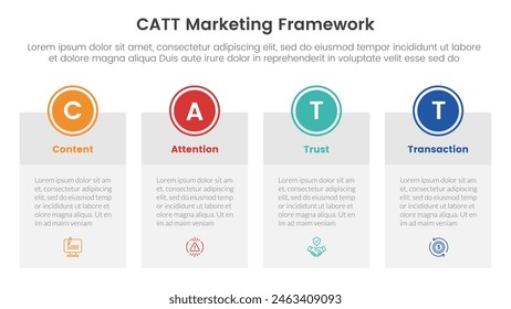 catt marketing framework infographic 4 point stage template with big table box with circle badge on top for slide presentation vector