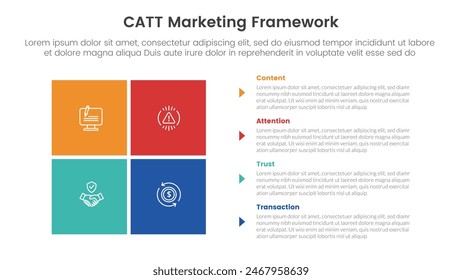 catt marketing framework infographic 4 point stage template with matrix structure with block square shape on left column for slide presentation vector