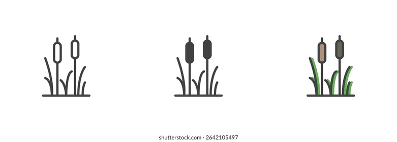 Cattail plant with tall stems shown in line, solid and filled outline vector style. Wetland flora icon set. Nature symbol with pond or lake association.