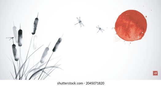 Cattail, reed plant, big red sun and drafonflies hand drawn with ink on white background. Traditional oriental ink painting sumi-e, u-sin, go-hua. Translation of hieroglyph - zen.