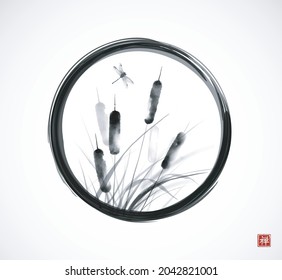 Cattail, reed plant and drafonflies in black enso zen circle on white background. Traditional oriental ink painting sumi-e, u-sin, go-hua. Translation of hieroglyph - zen.