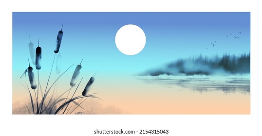Cattail, reed plant and drafonflies hand drawn with ink in traditional oriental ink painting sumi-e, u-sin, go-hua