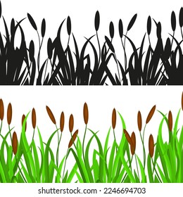 Cattail, sedge, reed. Vector set. Color and silhouette.