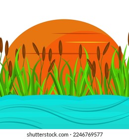 Cattail, sedge. River and sunset. Vector background in the flat style.